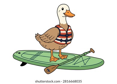 Friendly duck character wearing red and white life vest standing on stand up paddle board with paddle.