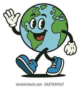 Friendly earth cartoon mascot waving with a big smile, walking forward, symbolizing environmental awareness, suitable for eco-friendly campaigns, educational materials, and events.