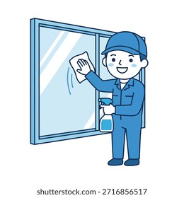 Un limpiador profesional amigable y eficiente, representado en un encantador estilo de ilustración, limpia diligentemente un Grande cristal de la ventana, destacando la limpieza y el servicio.