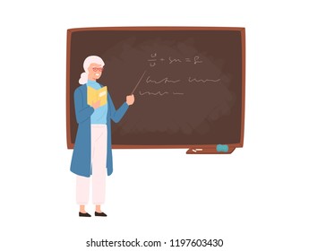 Friendly elderly female school or college teacher, professor, education worker standing beside chalkboard, holding pointer and teaching. Colorful vector illustration in flat cartoon style.