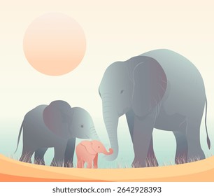 
A friendly elephant family in a wide grassland