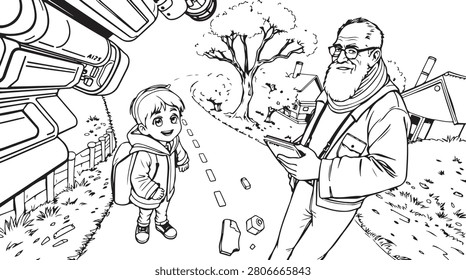 A friendly encounter between generations on a country path. This line drawing conveys sense of connection and community ideal for educational or heartwarming campaigns.