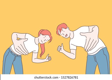 Friendly encouragement and approval concept. Boy and girl showing like gesture posing, cheerful teenagers, partners, colleagues, demonstrating thumbs up. Simple flat vector