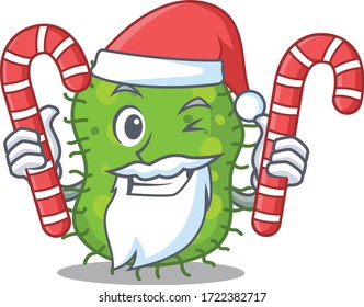 Friendly escherichia in Santa Cartoon character holds Christmas candies