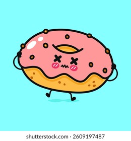 A friendly and expressive donut character is illustrated in a cute and simple cartoon style against a blue backdrop.