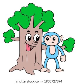 the friendly faced lush tree befriends the cute monkeys in the forest, vector illustration art. doodle icon image kawaii.