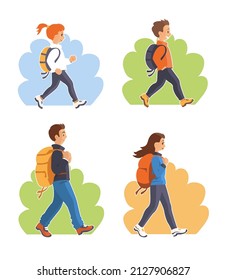 Friendly family with backpacks in nature. Father, mother, son and daughter. Hiking tourist. Active healthy rest. Vector cartoon illustration set