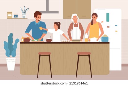 Friendly Family Consisting Of Three Generations Cooking Together In Home Kitchen Flat Composition Vector Illustration