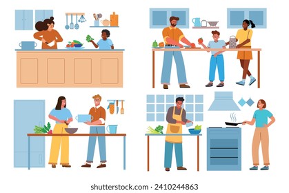 Friendly family cooks lunch together. Happy parents with children, couples in love in kitchen, homemade food preparing process, vector set.eps
