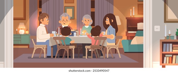 Friendly family dines in cozy atmosphere. Life style scene flat vector illustration