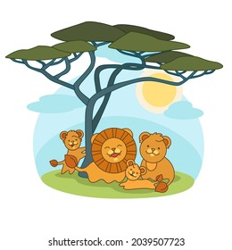Friendly family of lions for children's books. Vector illustration.