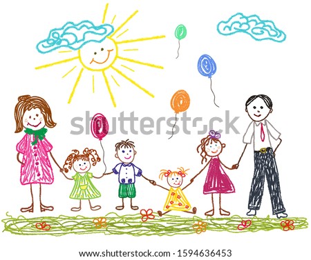 Friendly family with mom dad and children. Children's drawing drawn in crayons
