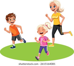 Friendly family mother son and daughter jogging together children and mother dressed in sportswear cartoon style illustration Vector