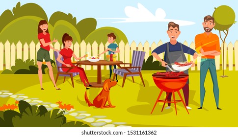 Friendly family on picnic flat color illustration. Cheerful men, women and child cartoon characters. Summer vacation flat color drawing. BBQ party. Outdoor leisure, camping banner