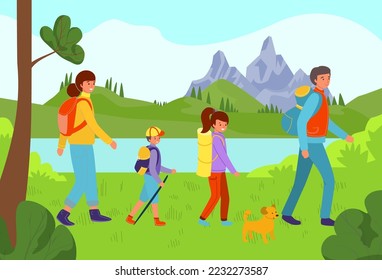 Friendly family outdoor hobby hiking time spend, people character together forest landscape stroll flat vector illustration.