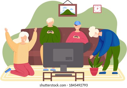 Friendly family playing video games. Mom, sister and sons gaming with gamepad controller holding joystick in hands flat design. Family weekend, parents spend time with children playing a computer game