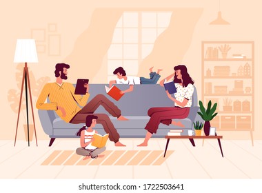 A friendly family reads books together in the living room at home. Parents and children are sitting on the couch. The concept of joint family reading