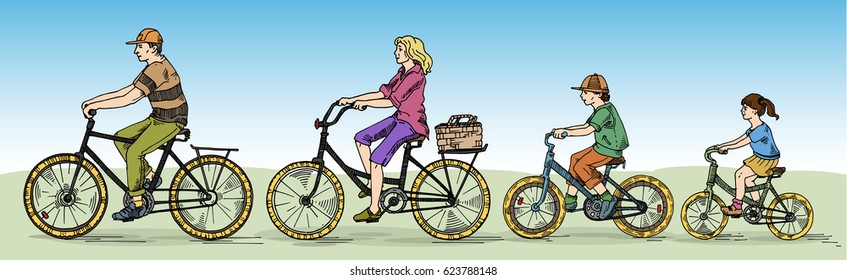 friendly family rides bicycles, mom, dad, daughter, son. A walk on the bike, a ride in the park