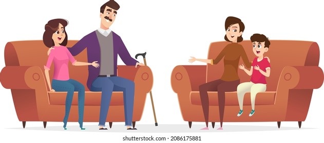 A friendly family are sitting together on the couch. Parents and children have fun talking. Vector illustration