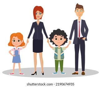 A friendly family.Children hold hands with their mom and dad.Vector illustration.