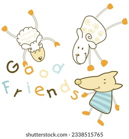Friendly farm animal faces. Resembling a sheep, rabbit, goat, cows, pig, goat and chickens.
