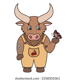 Friendly farm bull with butterfly smiling.