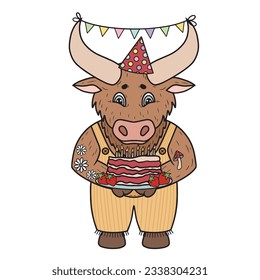 Friendly farm bull with cake and party hat, happy birthday