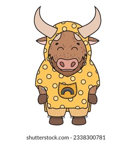 Friendly farm bull in yellow raincoat with rainbow.