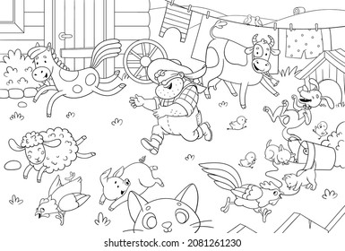 Friendly farmer and his animals. The  blind man's buff game. Rest in countryside. Eco living. Coloring book for children. Cartoon vector illustration.