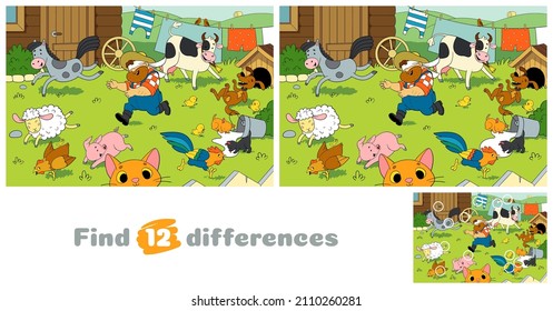 Friendly farmer and his animals. The blind man's buff game. Rest in countryside. Eco living. Find 12 differences. Educational game for children. Cartoon vector illustration.