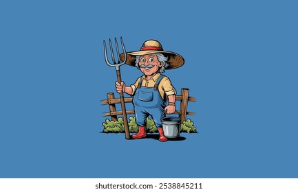 Friendly farmer holding a pitchfork and bucket.