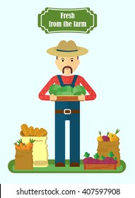 Friendly farmer in overalls holding a box of vegetables. Farmers and gardeners agriculture concept cartoon flat vector illustration. Objects isolated on a background. 