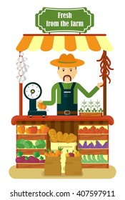 The friendly farmer sells vegetables crops. Trading on the market. Shop with farm products. Farmers and gardeners agriculture concept cartoon flat vector illustration. Objects isolated. 