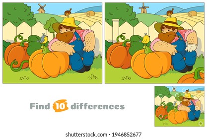 Friendly farmer wearing a straw hat resting next to pumpkins. A big bearded man makes friends with small birds. Find 10 differences. Educational game for children. Cartoon vector illustration.