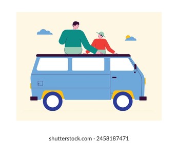 Friendly father and son relaxing on the van, family vector illustration.
