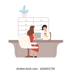 Friendly female bank worker providing services to customer vector flat illustration. Woman client sitting and talking to manager at credit department. Cartoon people at payment office