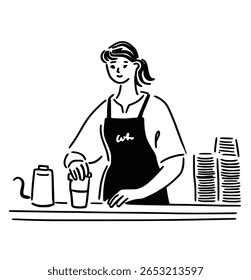 A friendly female barista in an apron preparing a drink at a cafe counter. Minimalist line art illustration of a coffee shop worker.