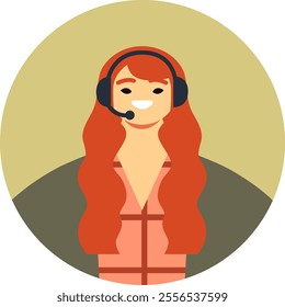 Friendly female call center agent with long red hair is wearing a headset and smiling, providing excellent customer support within a circular frame