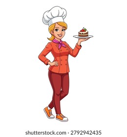 A friendly female chef with a broad smile, her golden blonde hair neatly tucked into a white chef's hat, presented a beautifully arranged dessert in her upraised palm. Flat vector mascot illustration.