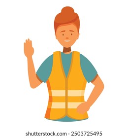 Trabajadora de construcción amable que lleva un chaleco de seguridad reflectante amarillo que agita con una sonrisa