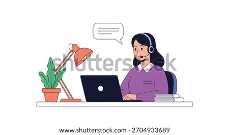 A friendly female customer service agent with a headset working on her laptop at a desk with a plant lamp and books in a modern flat style.