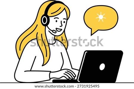 Friendly female customer service agent wearing a headset and typing on a laptop with a bright idea bubble above her head