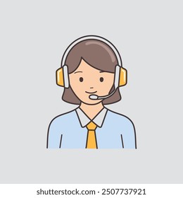 Icono de Representante de Servicio al cliente femenino amistoso. Ilustración de dibujos animados de una mujer sonriente con un auricular y una corbata. Perfecto para temas de Servicio al cliente, Asistencia y mesa de ayuda.