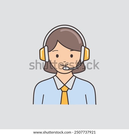 Friendly female customer service representative icon. Cartoon illustration of a smiling woman wearing a headset and a tie. Perfect for customer service, support, and help desk themes.