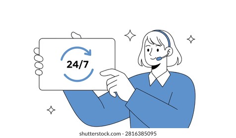 Friendly female customer support operator showing tablet with twenty four seven service icon on white background.