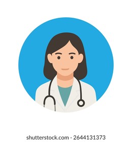 A friendly female doctor avatar with a stethoscope in a flat design circular frame. Perfect for healthcare, medical apps, or professional profiles.
