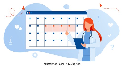 Friendly Female Doctor Gynecologist Near The Calendar. Work Schedule, Make An Appointment Online. Internet Doctor, Tele Medicine, Web Site. Vector Illustration For Banner, Landing Page, App