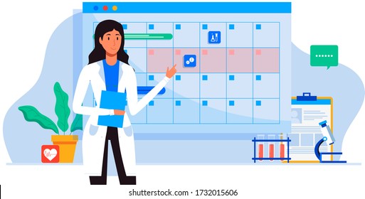 Friendly female doctor gynecologist near the calendar. work schedule, make an appointment online. Internet doctor, tele medicine, web site. Vector illustration for banner, landing page, app