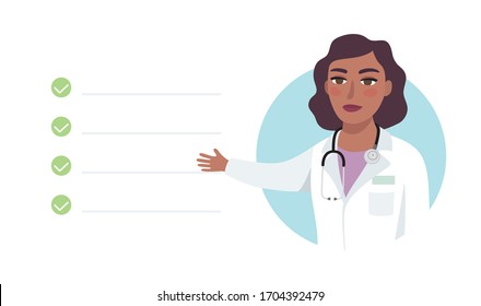 Friendly female doctor indicating treatment, symptoms or giving healthy advice. Tele medicine, online medical consultation, health care system support. Isolated flat vector illustration