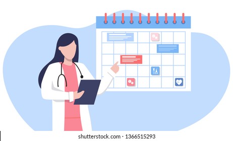 Friendly female doctor near the calendar. work schedule, make an appointment online. Vector illustration for banner, landing page